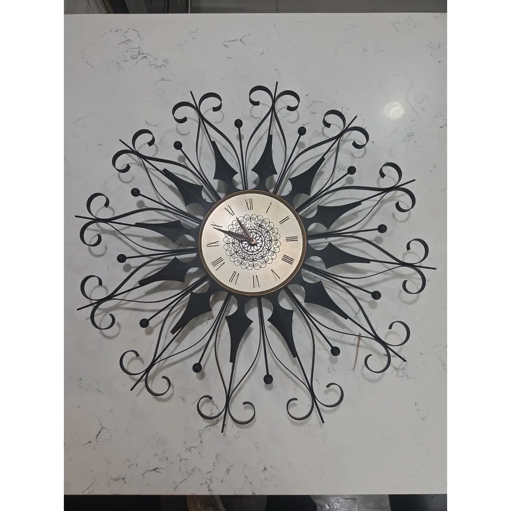 Elgin Mid Century Modern Black Wrought Iron Vintage Starburst Clock (working)